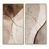 Brown upper-left shape in brown, cream, taupe. Curved band on the right panel.