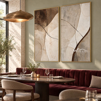 Brown Corner and Fine Line Diptych Wall Art shown behind restaurant seating.