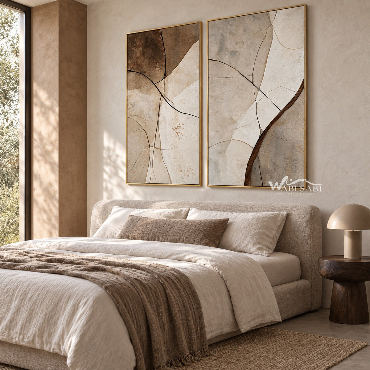 Brown Corner and Fine Line Diptych Wall Art shown above a bed with pale bedding.