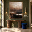 Brown Horizon with Broken White Reflections shown above a wood console on a green wall.