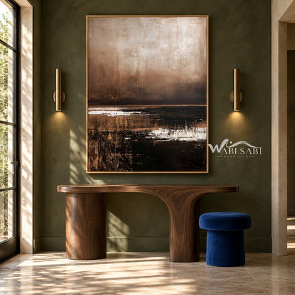 Brown Horizon with Broken White Reflections shown above a wood console on a green wall.