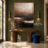 Brown Horizon with Broken White Reflections shown above a wood console on a green wall.