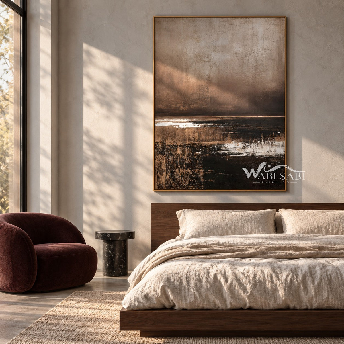 Brown Horizon with Broken White Reflections shown above a bed with neutral bedding.