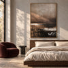 Brown Horizon with Broken White Reflections shown above a bed with neutral bedding.