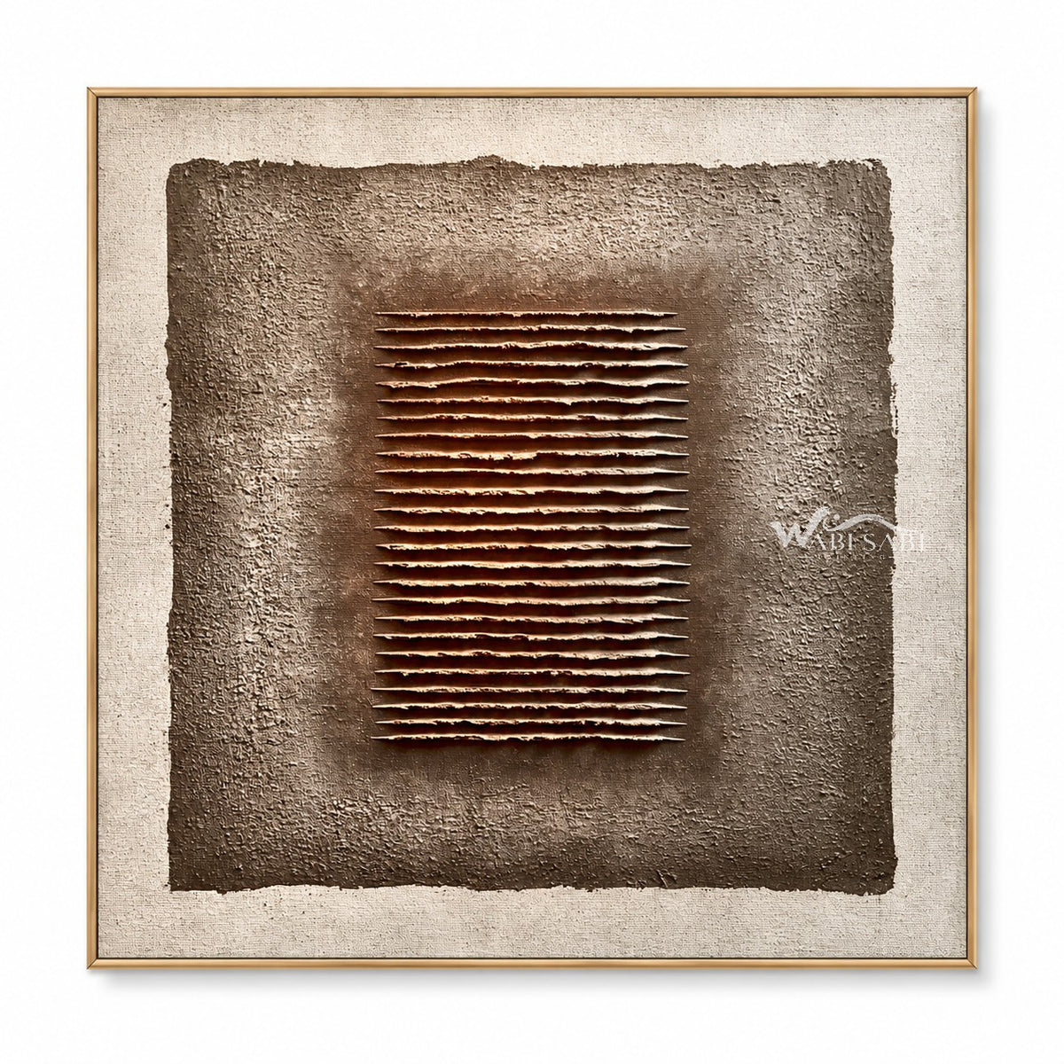 Central stack of horizontal ridges in brown, taupe, cream. Taupe square within a pale border.