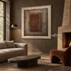 Brown Stacked Ridges on Taupe Wall Art shown above a sofa beside a fireplace.