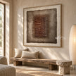 Brown Stacked Ridges on Taupe Wall Art shown above a long pale bench.