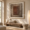 Brown Stacked Ridges on Taupe Wall Art shown above a long pale bench.