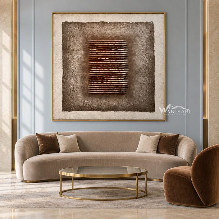 Brown Stacked Ridges on Taupe Wall Art shown above a curved pale sofa.