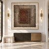 Brown Stacked Ridges on Taupe Wall Art shown above a console and pale bench.