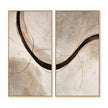Two-panel sweeping arc in brown, cream, gray. Broad brown line.