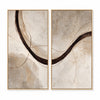 Two-panel sweeping arc in brown, cream, gray. Broad brown line.