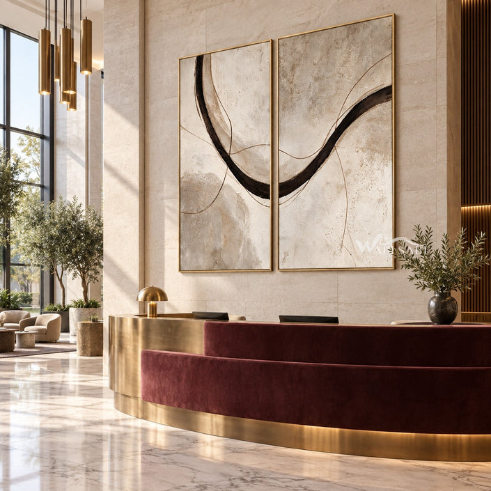 Brown Sweeping Arc Diptych Wall Art shown above a curved burgundy counter.