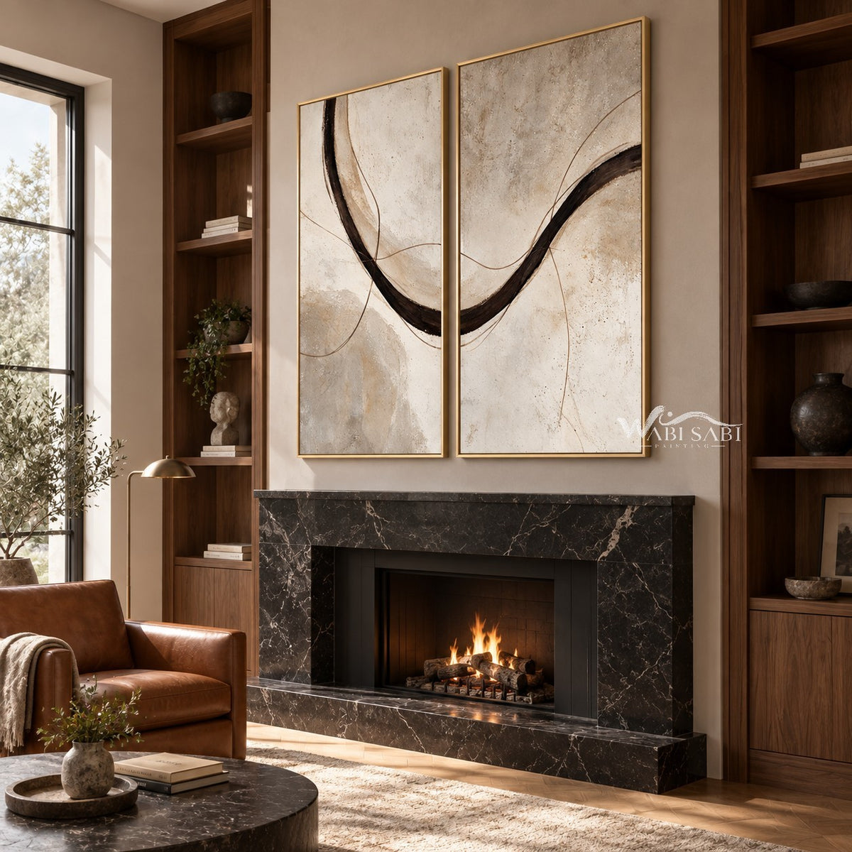 Brown Sweeping Arc Diptych Wall Art shown above a fireplace.