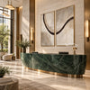 Brown Sweeping Arc Diptych Wall Art shown above a green counter.