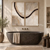 Brown Sweeping Arc Diptych Wall Art shown above a freestanding bathtub.