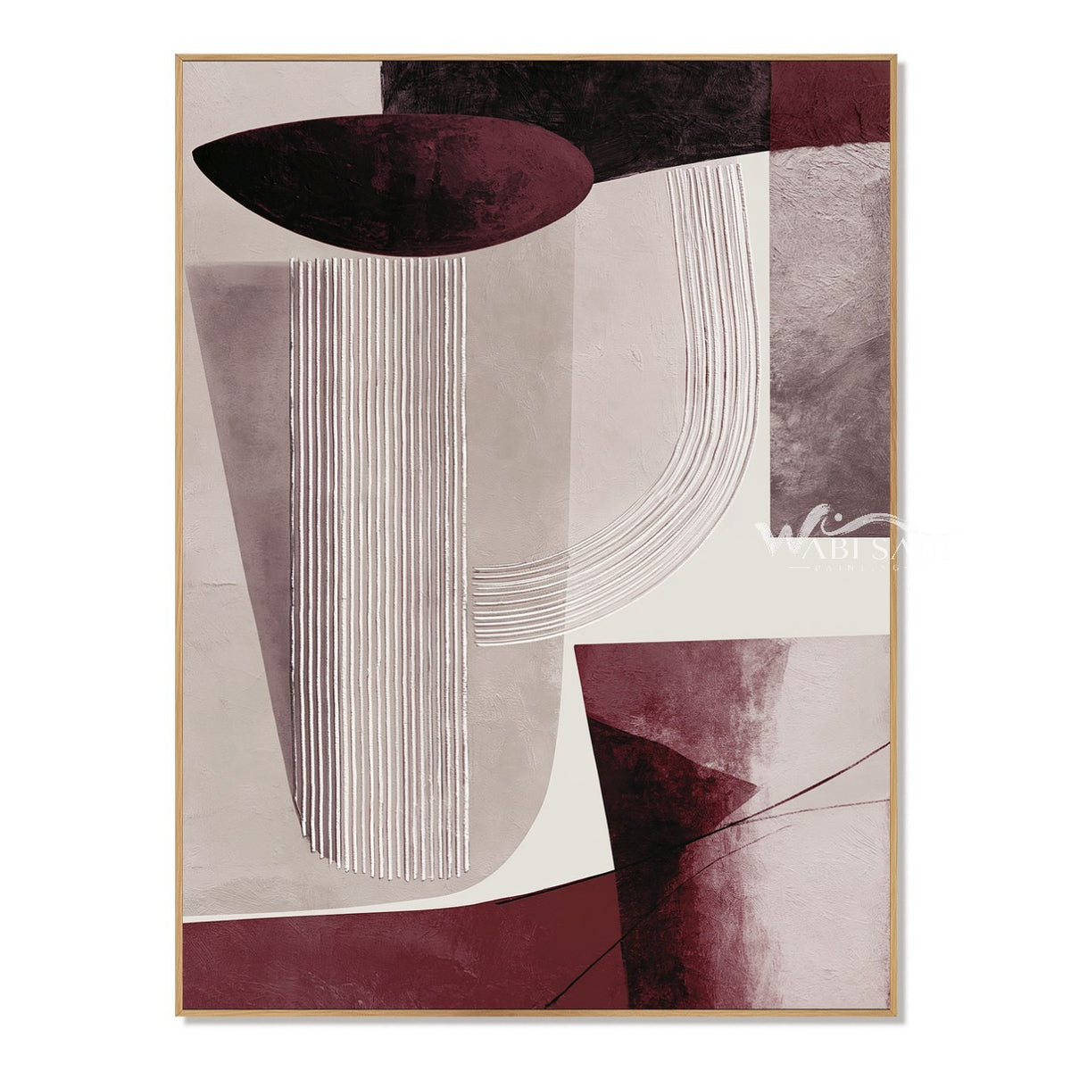 Burgundy and Cream U Curve Abstract Painting. Fine U-shaped parallel lines.