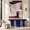 Burgundy and Cream U Curve Abstract Painting shown above a console.