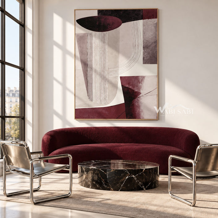 Burgundy and Cream U Curve Abstract Painting shown in a living room with a sofa.