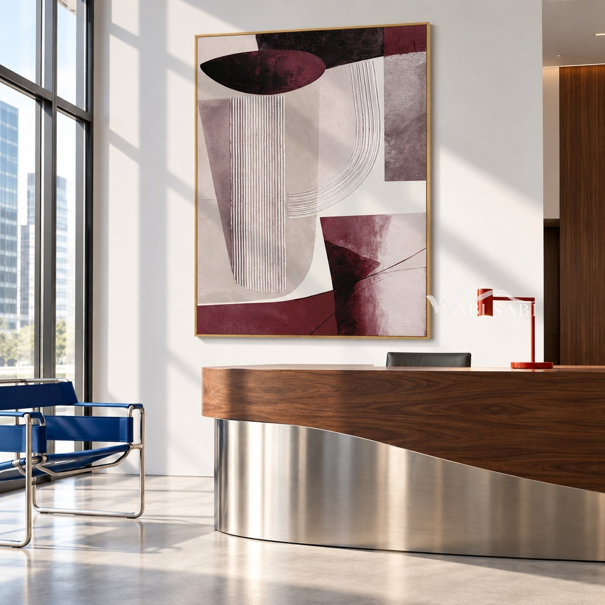 Burgundy and Cream U Curve Abstract Painting shown in a workspace.
