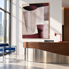 Burgundy and Cream U Curve Abstract Painting shown in a workspace.