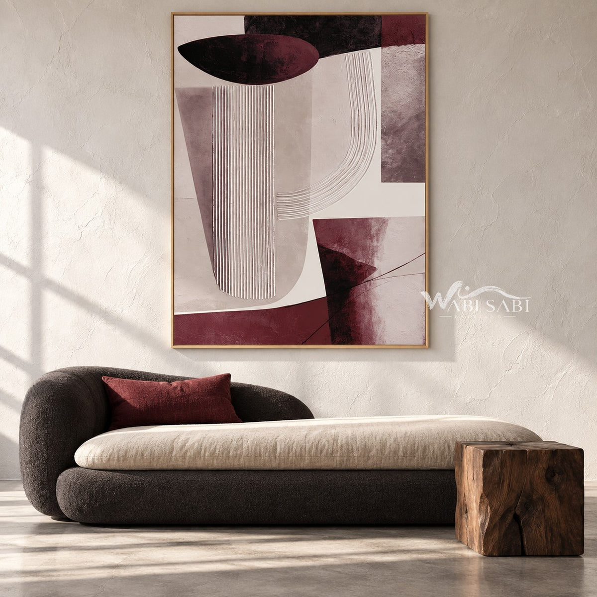 Burgundy and Cream U Curve Abstract Painting shown above a bench.