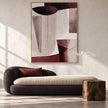 Burgundy and Cream U Curve Abstract Painting shown above a bench.