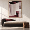 Burgundy and Cream U Curve Abstract Painting shown above a bench.