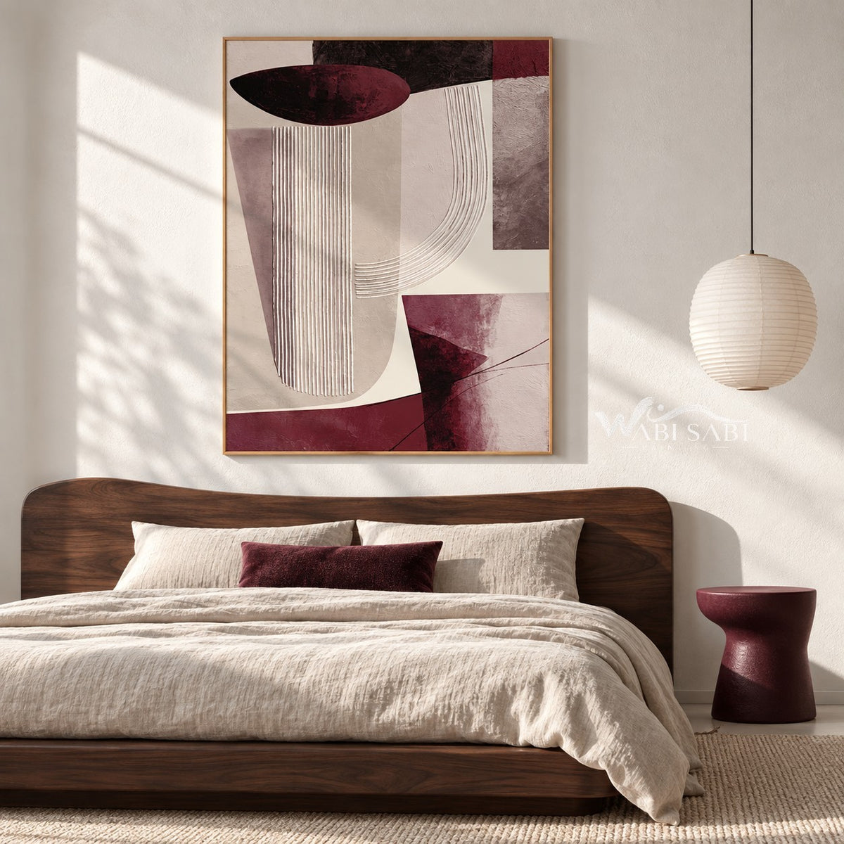 Burgundy and Cream U Curve Abstract Painting shown in a bedroom.