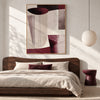 Burgundy and Cream U Curve Abstract Painting shown in a bedroom.