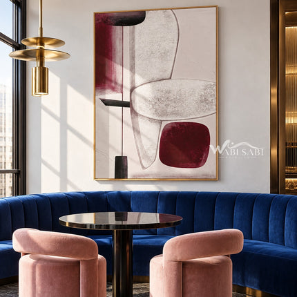 Burgundy Blocks and Oval Line Painting shown in a dining area.