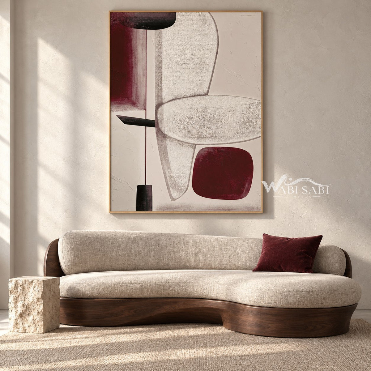 Burgundy Blocks and Oval Line Painting shown in a living room with a sofa.
