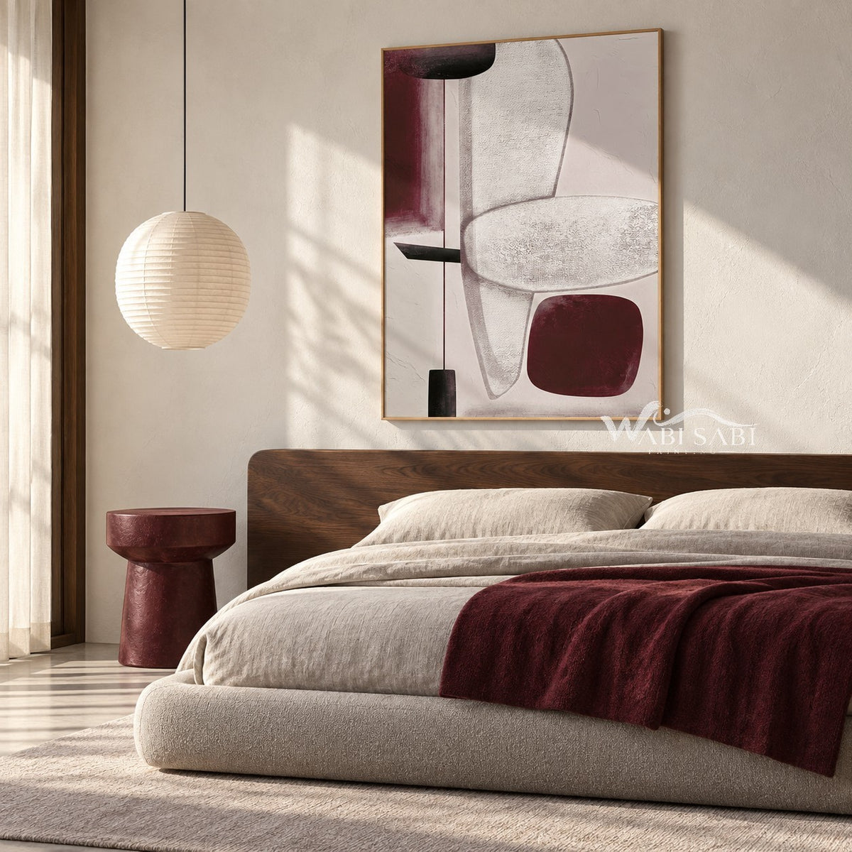 Burgundy Blocks and Oval Line Painting shown in a bedroom.
