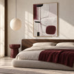 Burgundy Blocks and Oval Line Painting shown in a bedroom.
