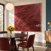 Burgundy Curved Line Abstract Painting shown in a dining area.