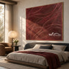Burgundy Curved Line Abstract Painting shown in a bedroom.