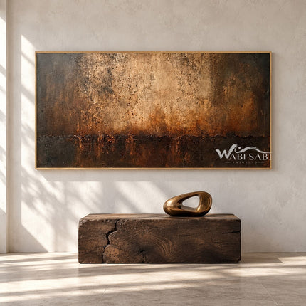 Burnished Dusk Wide Abstract Art shown above a bench.