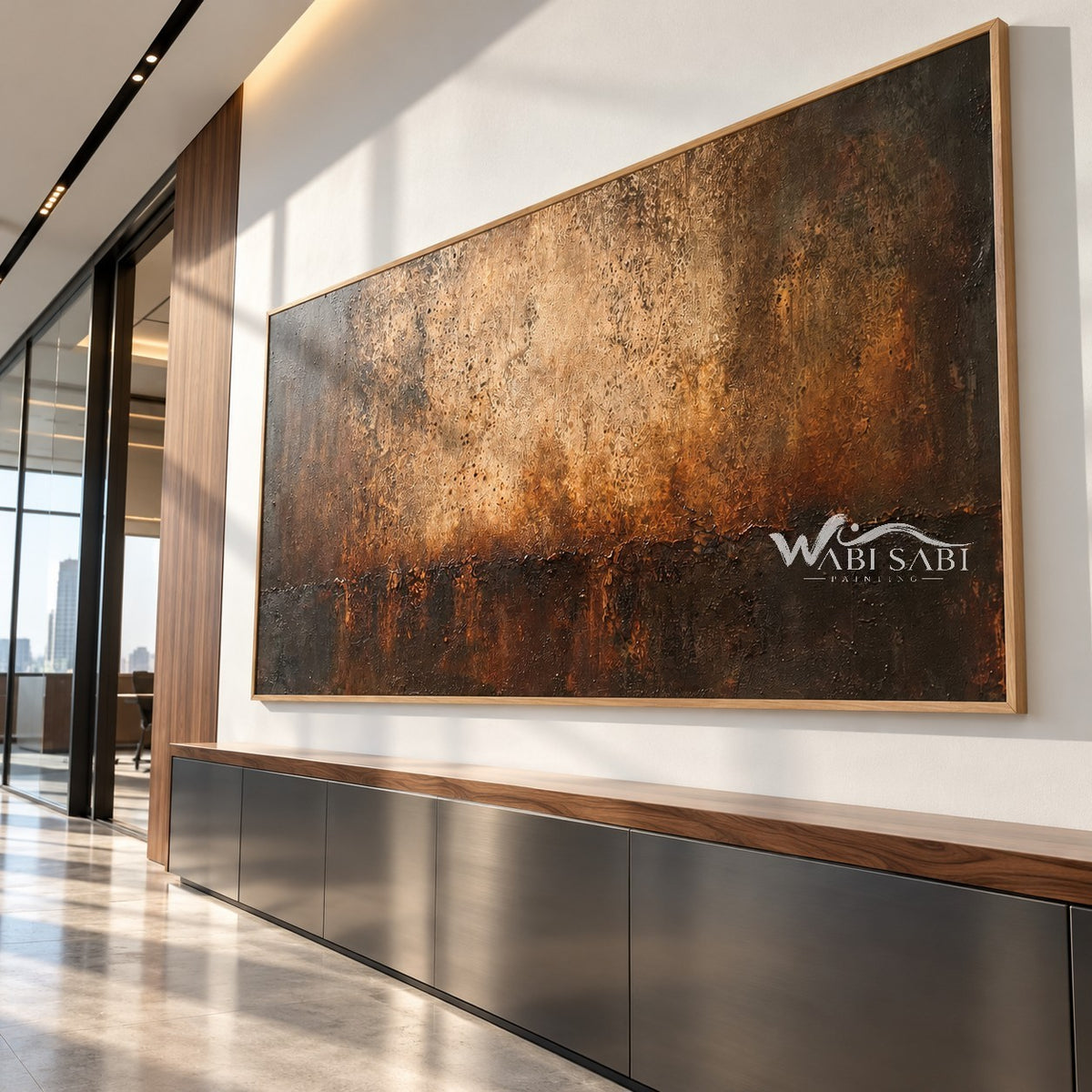 Burnished Dusk Wide Abstract Art shown above a console.