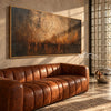 Burnished Dusk Wide Abstract Art shown above a sofa.