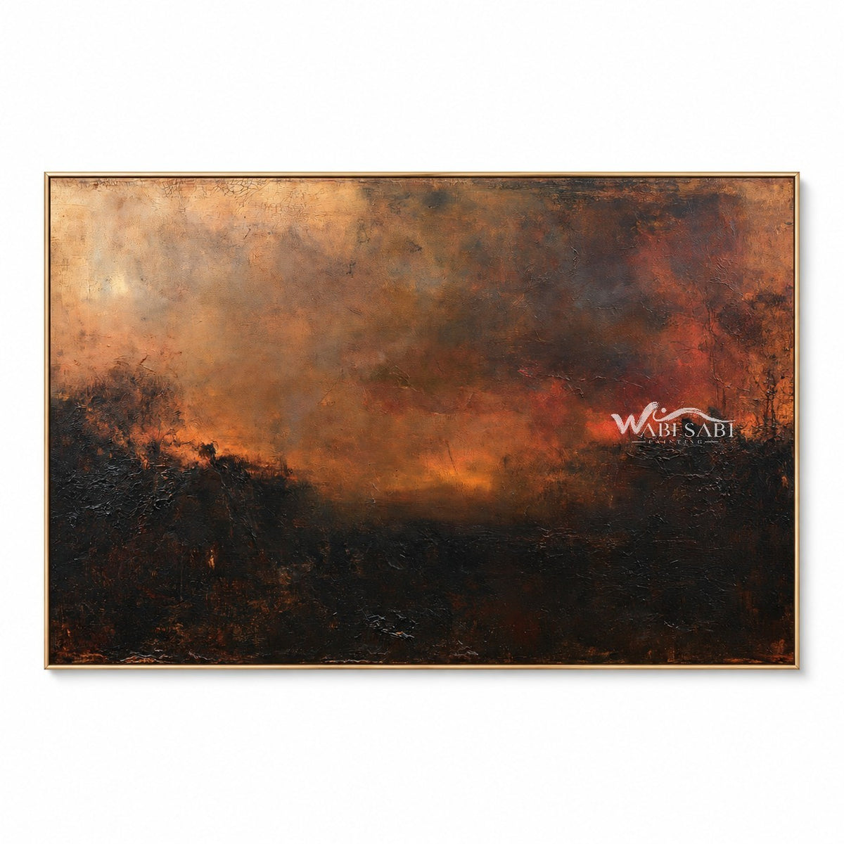 Burnt orange evening sky in burnt orange, brown, charcoal. Dark tree-like foreground.