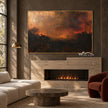Burnt Orange Evening Landscape Wall Art shown above a fireplace.