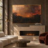 Burnt Orange Evening Landscape Wall Art shown above a fireplace.
