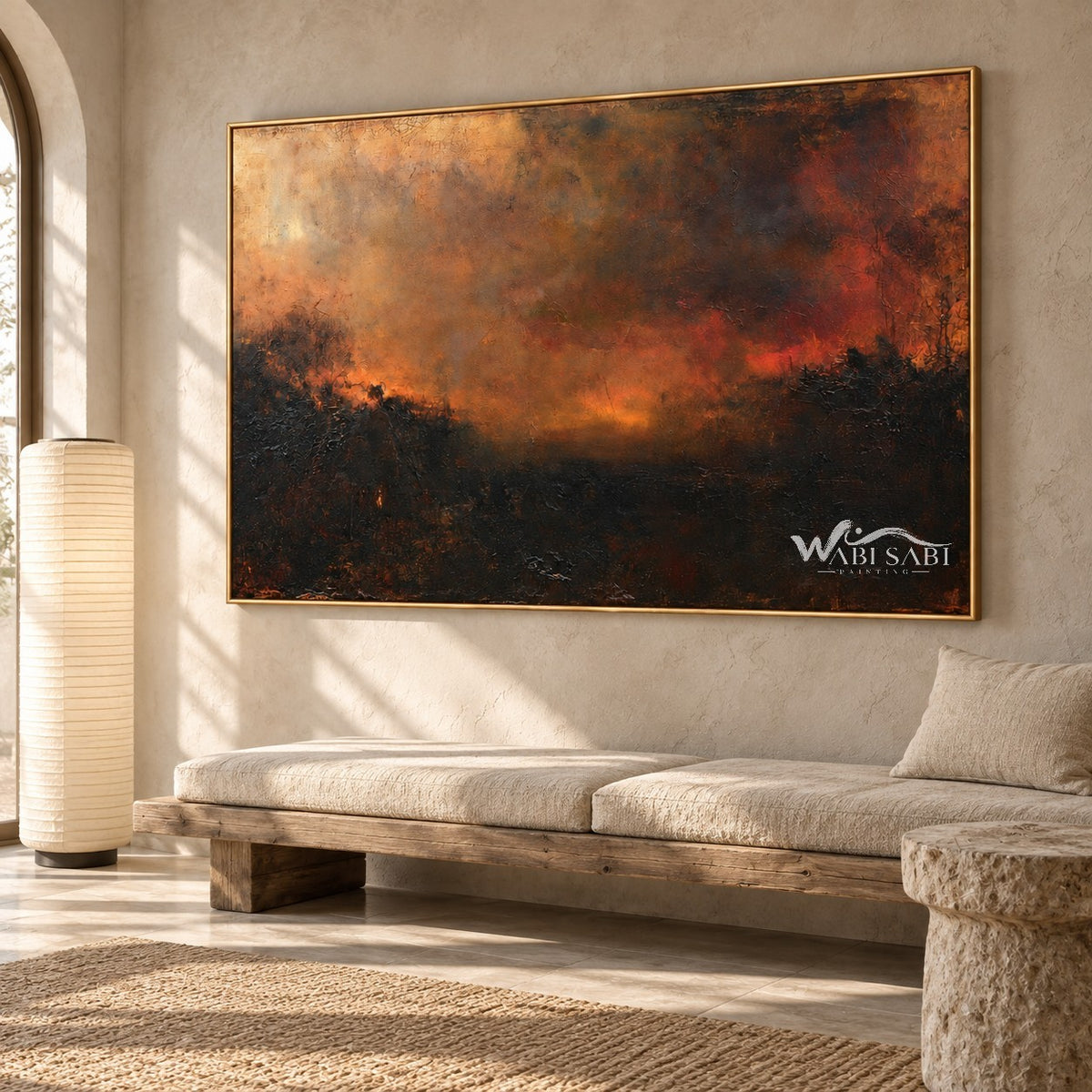 Burnt Orange Evening Landscape Wall Art shown above a long pale bench.