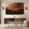 Burnt Orange Evening Landscape Wall Art shown above a pale console.