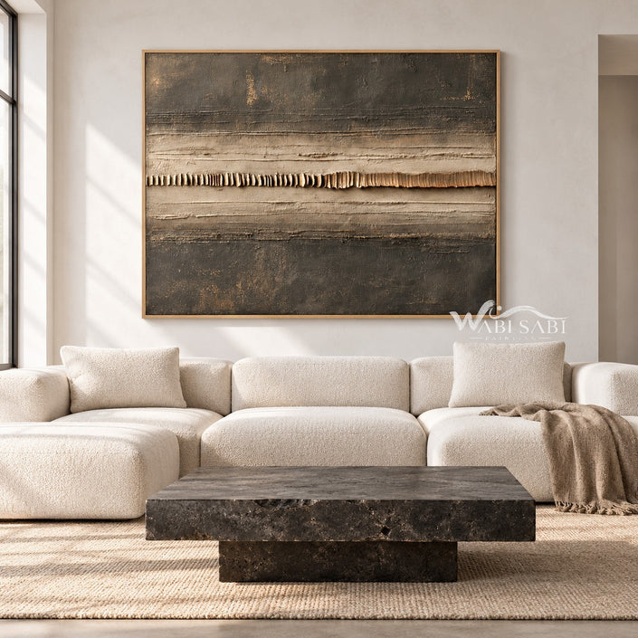 Central Seam in Charcoal and Sand shown above a sofa.