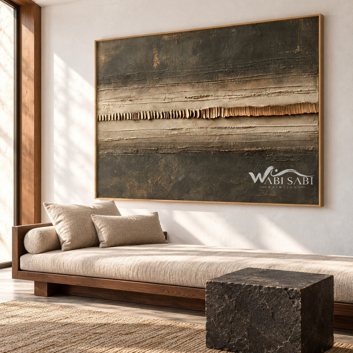 Central Seam in Charcoal and Sand shown above a sofa.