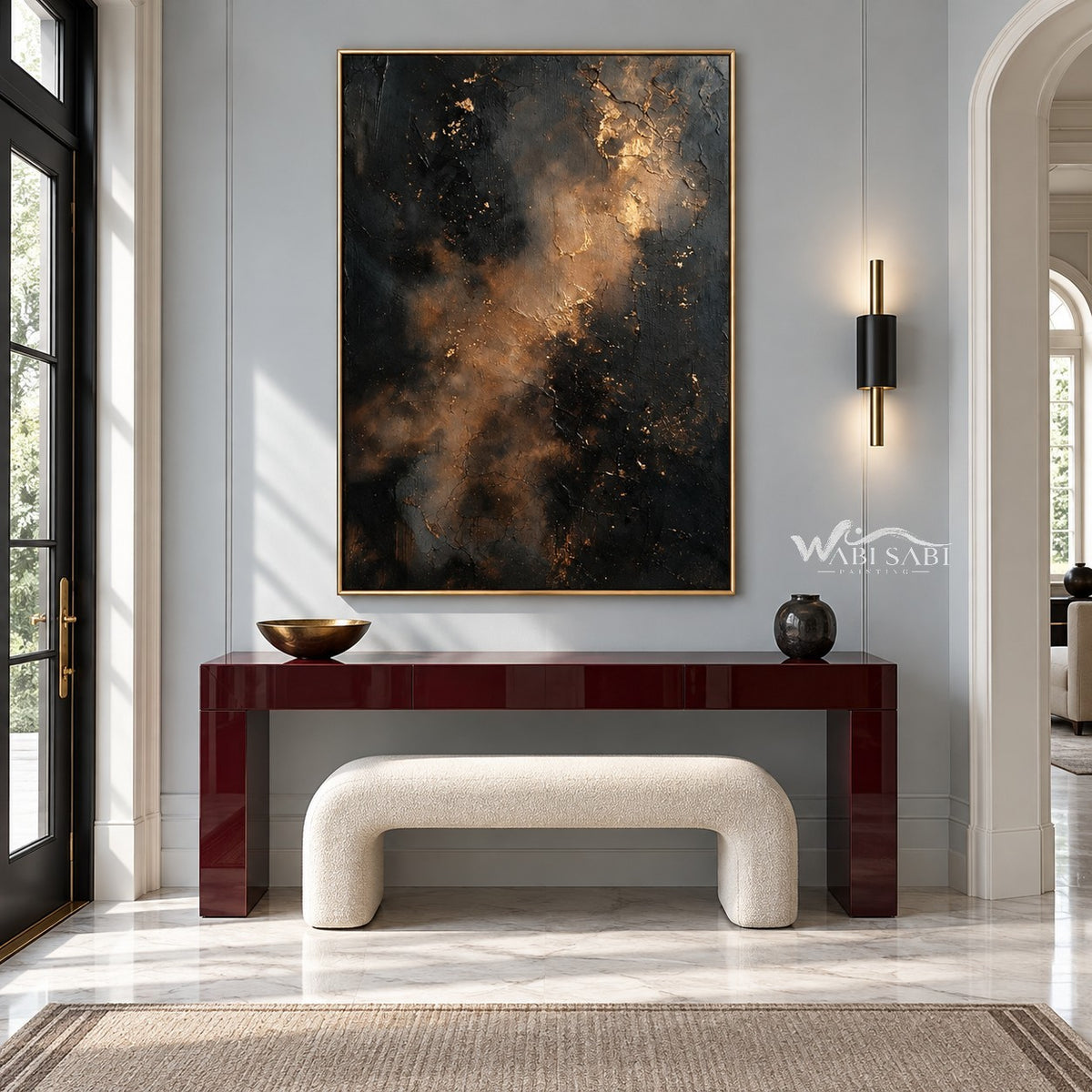 Charcoal Abstract Wall Art with Copper Clouds shown above a console and pale bench.