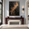 Charcoal Abstract Wall Art with Copper Clouds shown above a console and pale bench.