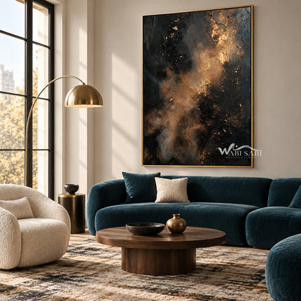 Charcoal Abstract Wall Art with Copper Clouds shown above a teal sofa.
