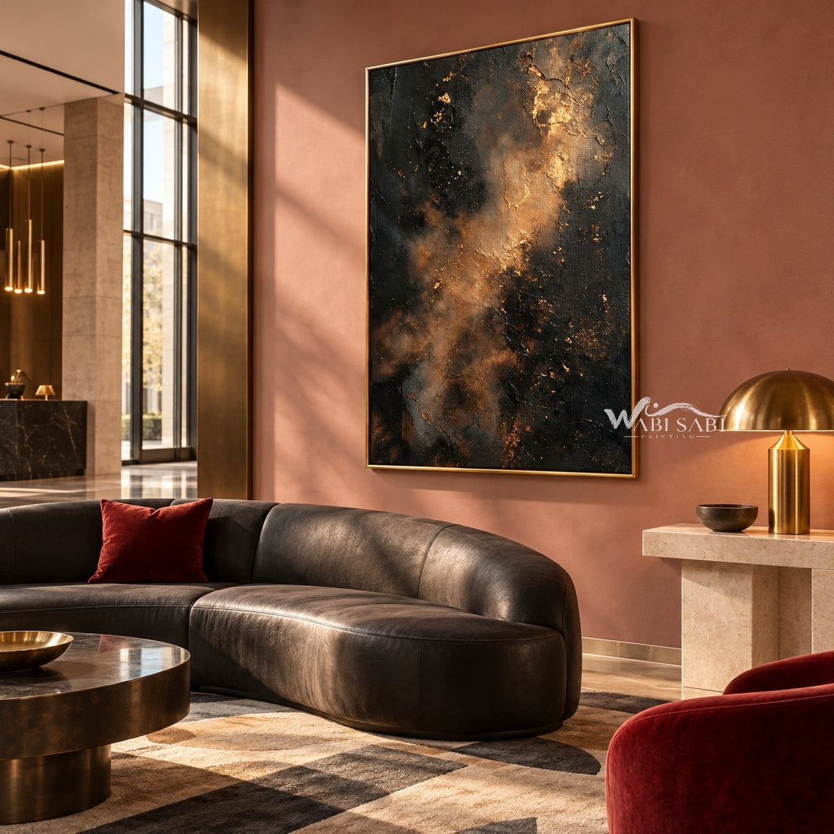 Charcoal Abstract Wall Art with Copper Clouds shown above a dark leather sofa.